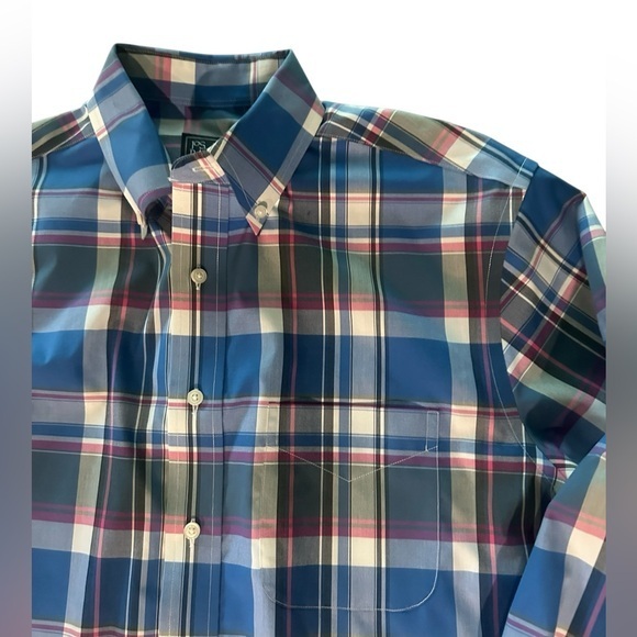 Jos. A. Bank Traveler Tailored Button Down - Mens Size Medium - Blue Pink Plaid - Picture 1 of 6